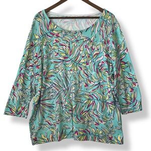 Talbots Plus 3X Teal Pink Tropical Palm Leaf 100% Cotton Knit Top Boat Neck